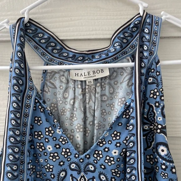 Hale Bob Blue Paisley V-Neck Tie Blouse - Picture 2 of 4